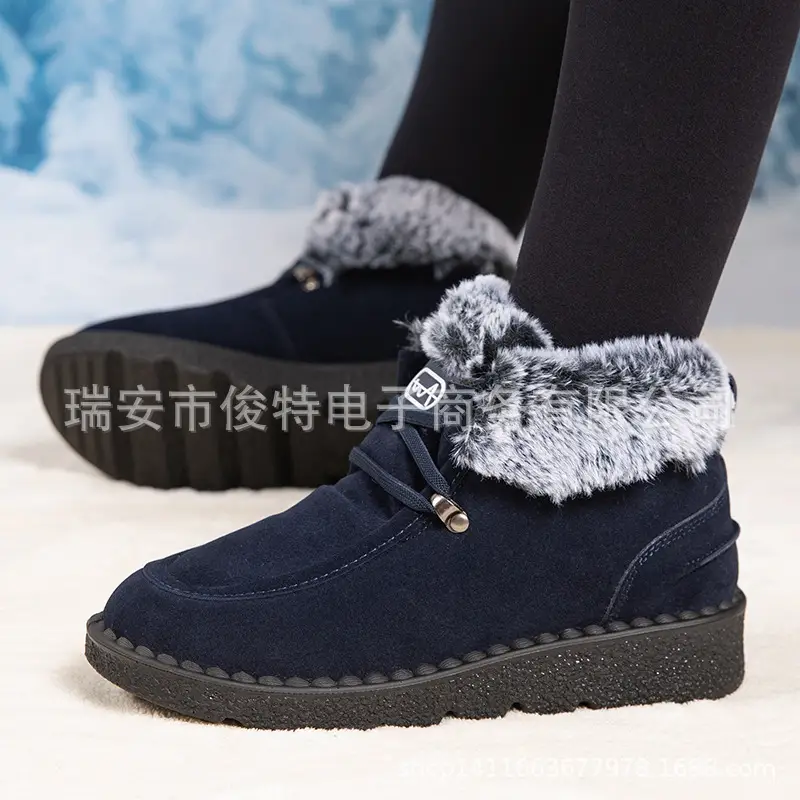 Flat Snow Boots for Women 2025 Autumn and Winter New European and American Export Large Size Plus Round Toe Lace-Up Velvet Thickeneded Short Boots Wholesale