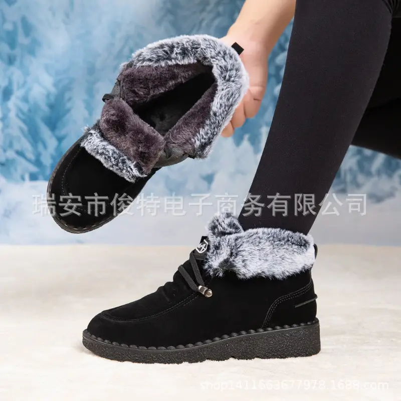 Flat Snow Boots for Women 2025 Autumn and Winter New European and American Export Large Size Plus Round Toe Lace-Up Velvet Thickeneded Short Boots Wholesale