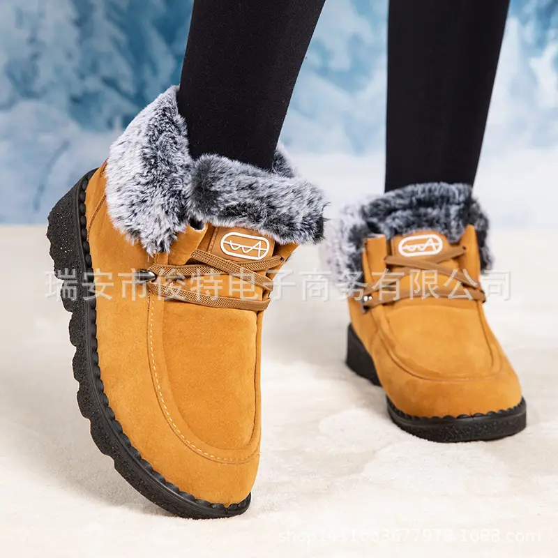 Flat Snow Boots for Women 2025 Autumn and Winter New European and American Export Large Size Plus Round Toe Lace-Up Velvet Thickeneded Short Boots Wholesale