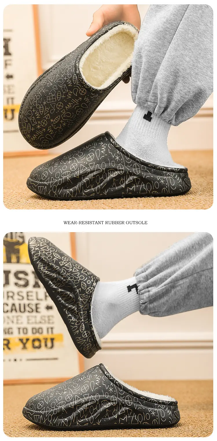 Cotton Slippers Men's Winter Home Non-Slip fleece-lined Warm Bag with Hair Drag and Shit Feeling Thick Sole Couple's Northeast Cotton Shoes — feature 11