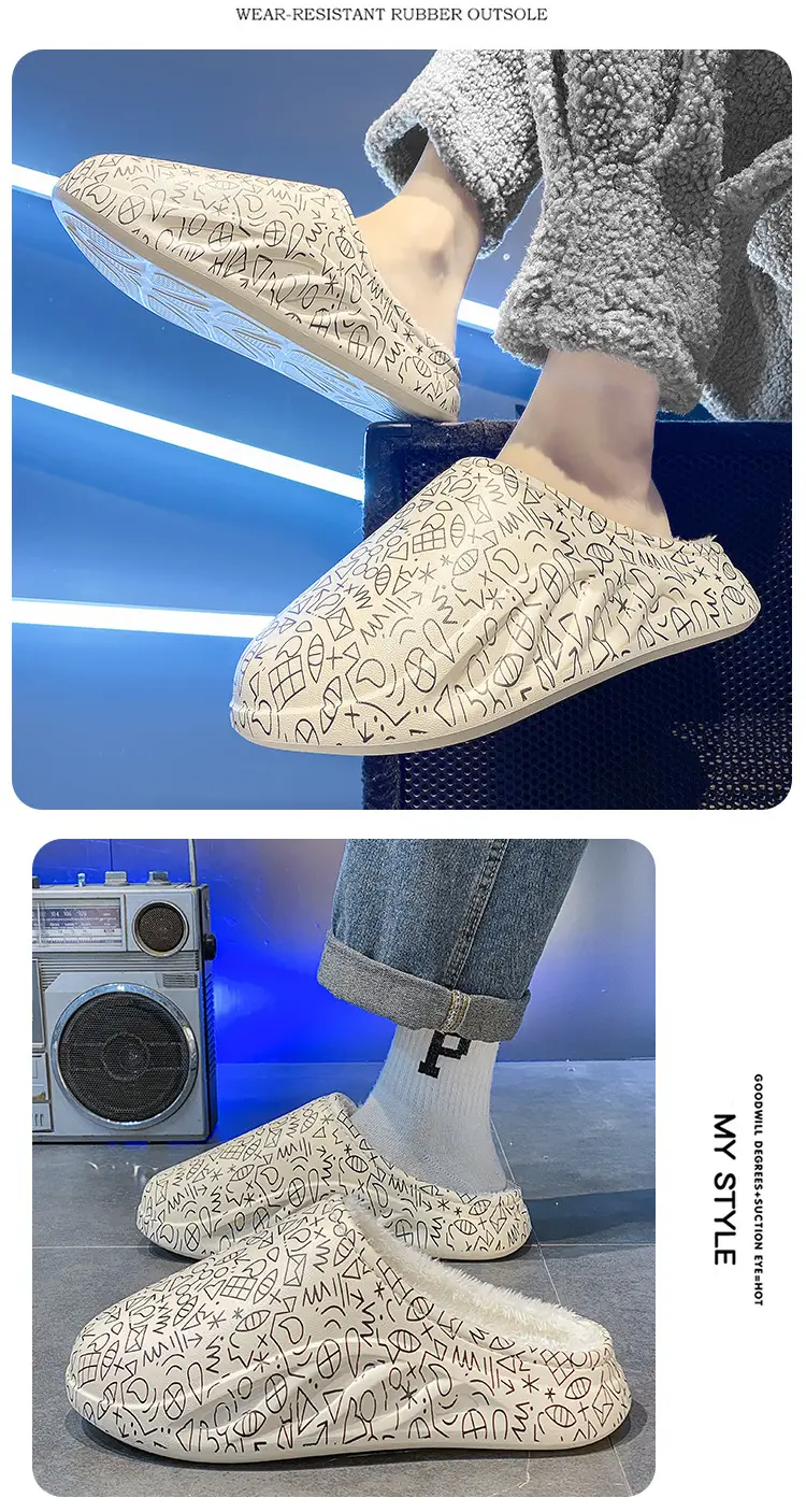 Cotton Slippers Men's Winter Home Non-Slip fleece-lined Warm Bag with Hair Drag and Shit Feeling Thick Sole Couple's Northeast Cotton Shoes — feature 12