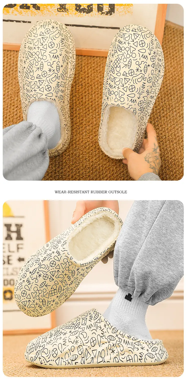 Cotton Slippers Men's Winter Home Non-Slip fleece-lined Warm Bag with Hair Drag and Shit Feeling Thick Sole Couple's Northeast Cotton Shoes — feature 13