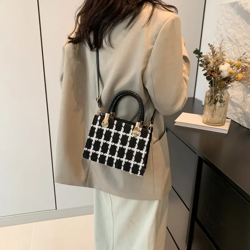 Women's 1-Shoulder Crossbody Satchel Bag Black White Grid Design - Image 5