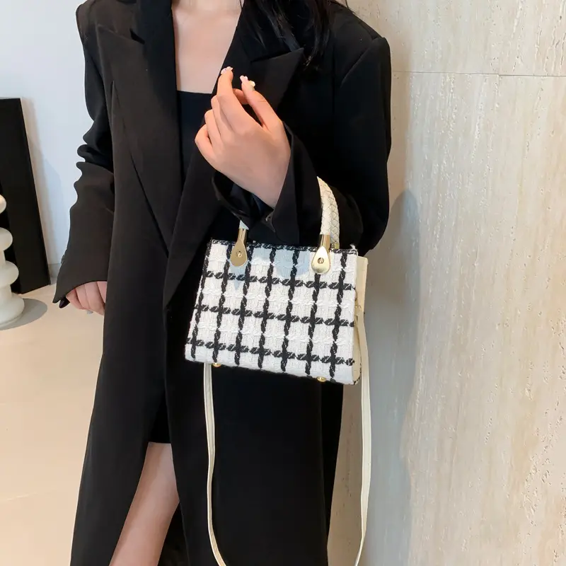 Women's 1-Shoulder Crossbody Satchel Bag Black White Grid Design - Image 7