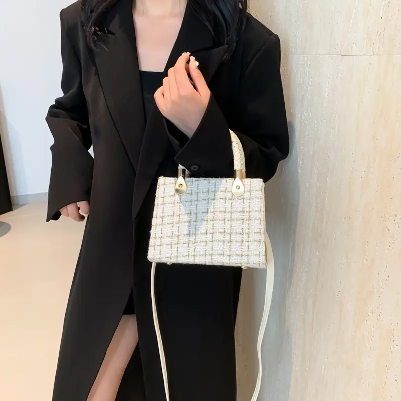 Women's 1-Shoulder Crossbody Satchel Bag Black White Grid Design - Image 8