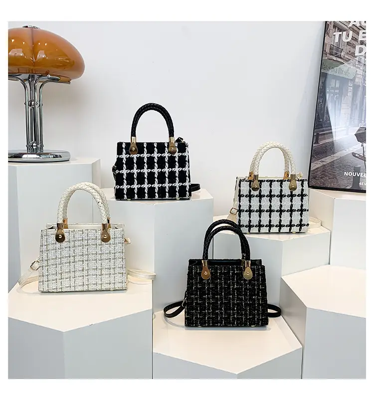 Women's 1-Shoulder Crossbody Satchel Bag Black White Grid Design — feature 21