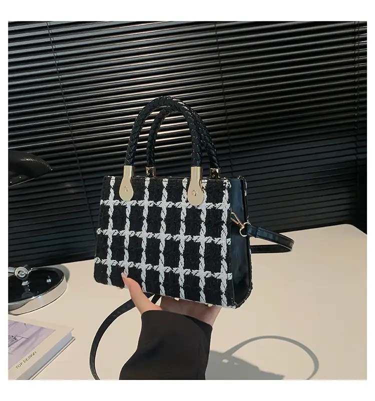 Women's 1-Shoulder Crossbody Satchel Bag Black White Grid Design — feature 23