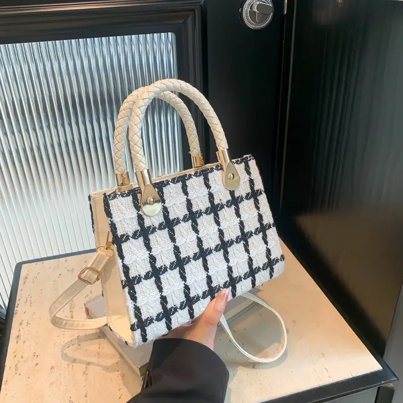 Women's 1-Shoulder Crossbody Satchel Bag Black White Grid Design - Image 3