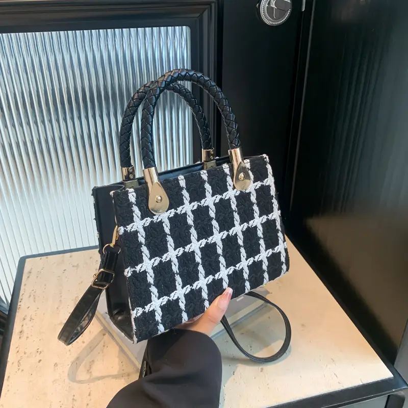 Women's 1-Shoulder Crossbody Satchel Bag Black White Grid Design - Image 4