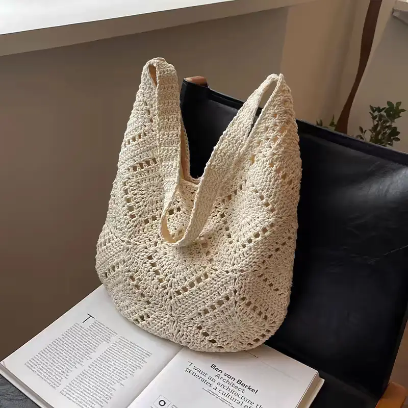 New Sunflower Braided Cotton Shoulder Bag Beige - Image 5
