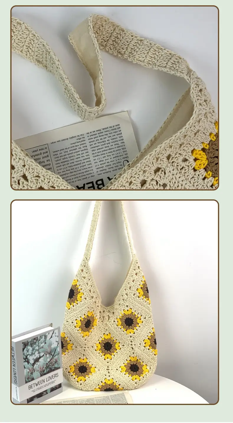 New Sunflower Braided Cotton Shoulder Bag Beige — feature 12