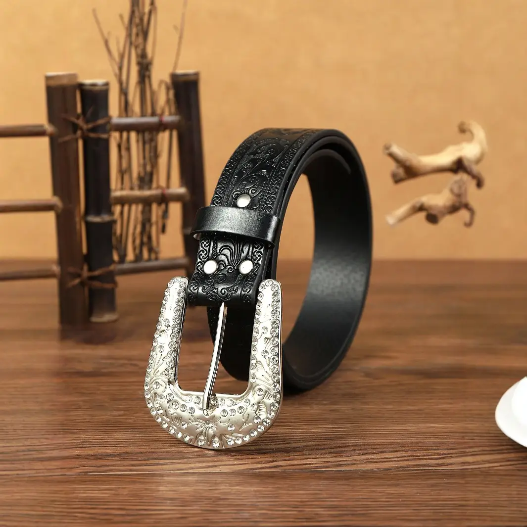 Women Leather Belt with Full Diamond Rhinestone Buckle - Image 2