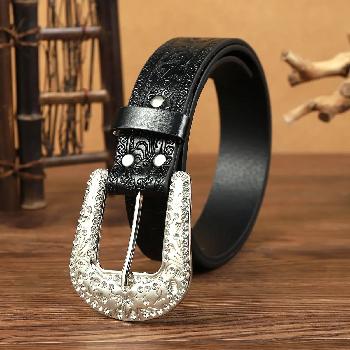 Women Leather Belt with Full Diamond Rhinestone Buckle - Image 3