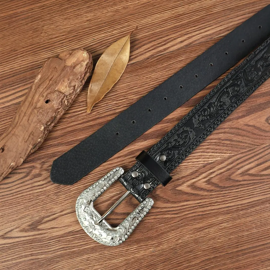 Women Leather Belt with Full Diamond Rhinestone Buckle - Image 4