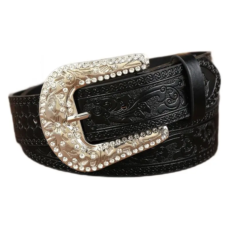 Women Leather Belt with Full Diamond Rhinestone Buckle - Image 5
