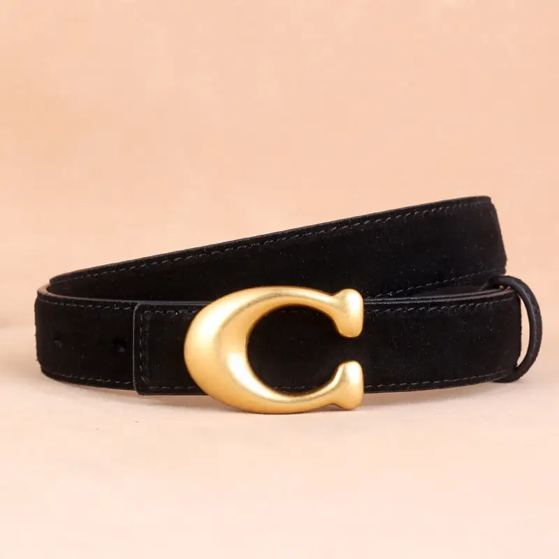 Women's Leather Belt with Gold Horseshoe Buckle Brown Black - Image 2