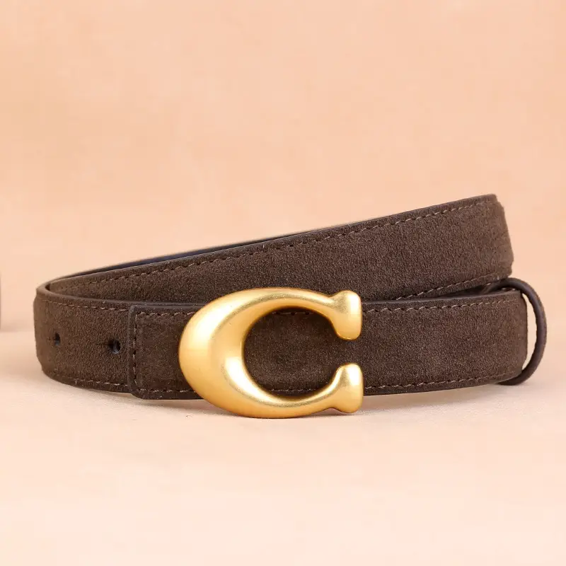 Women's Leather Belt with Gold Horseshoe Buckle Brown Black - Image 3