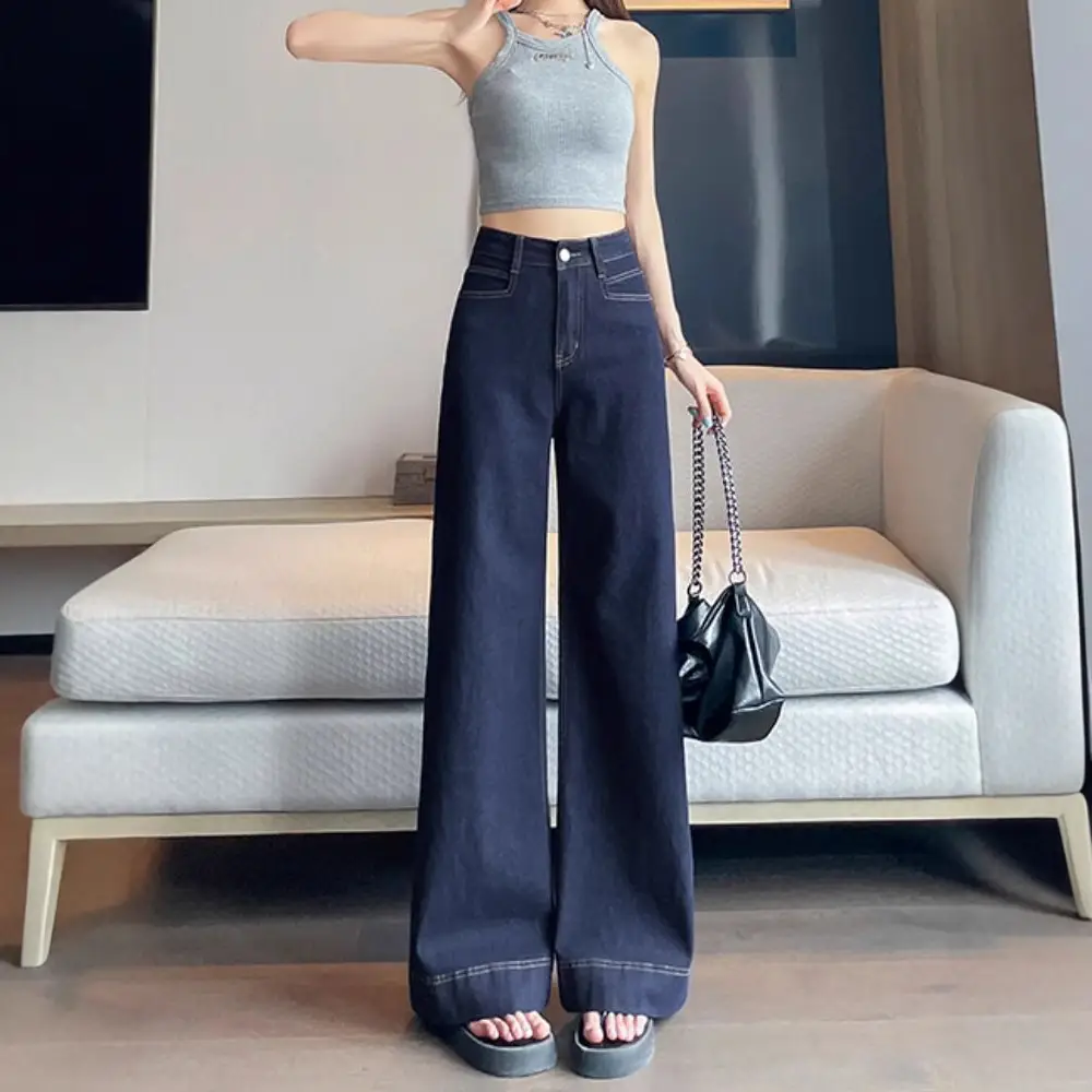 Dark Blue Wide Leg Jeans 2025 Winter Slim Fit