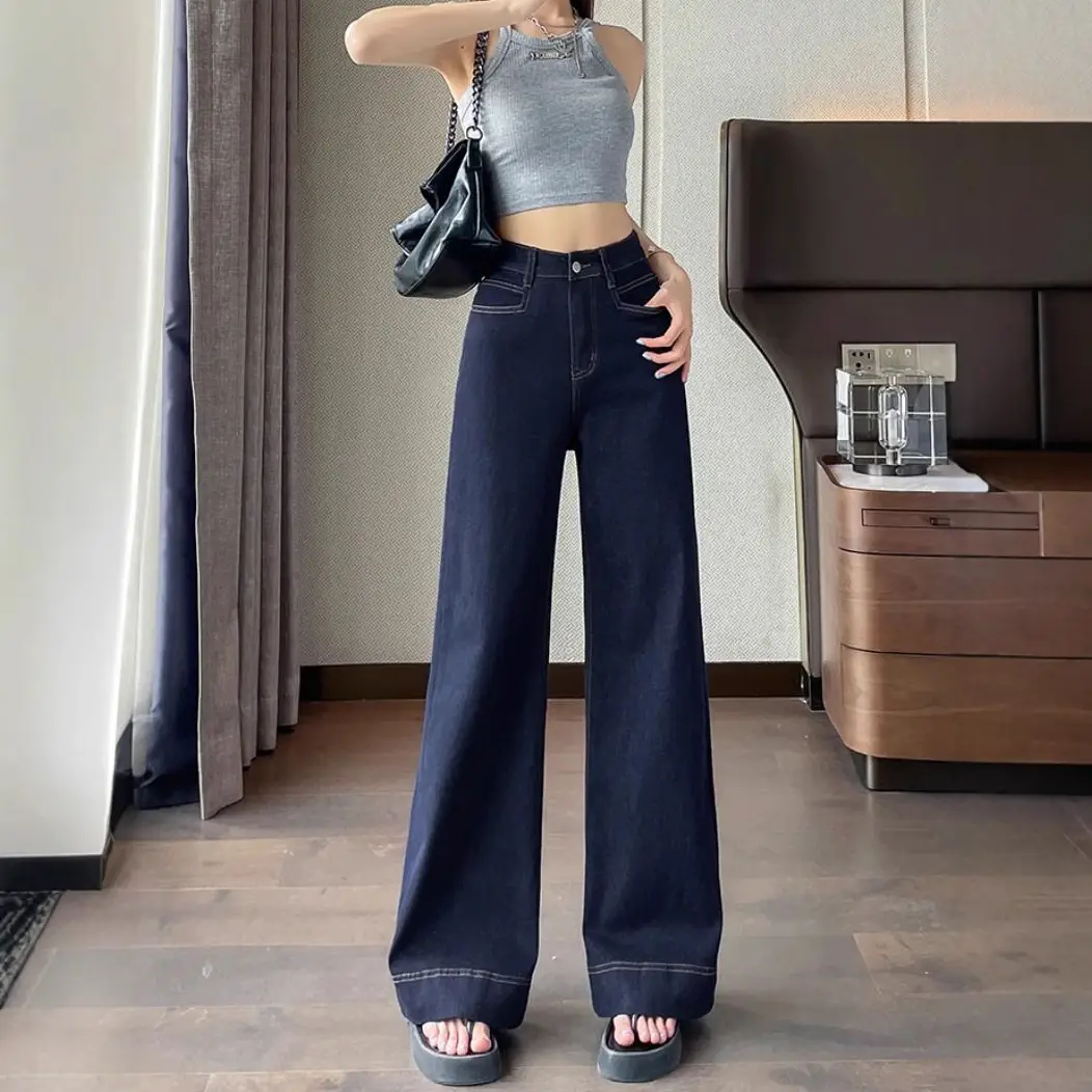 Dark Blue Wide Leg Jeans 2025 Winter Slim Fit