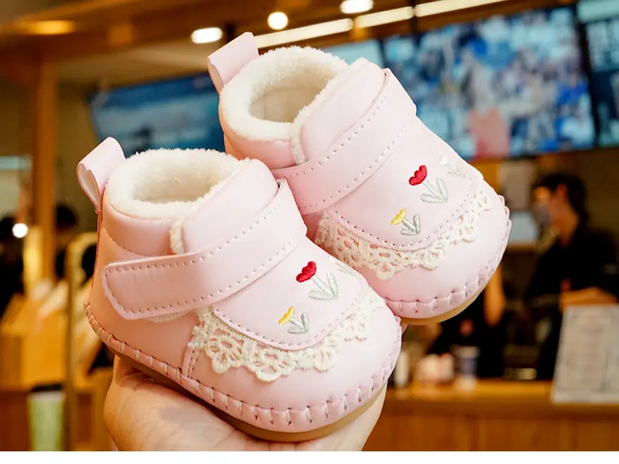 Baby Shoes Pink Fleece Winter 0-1Yr Soft Bottom — feature 7