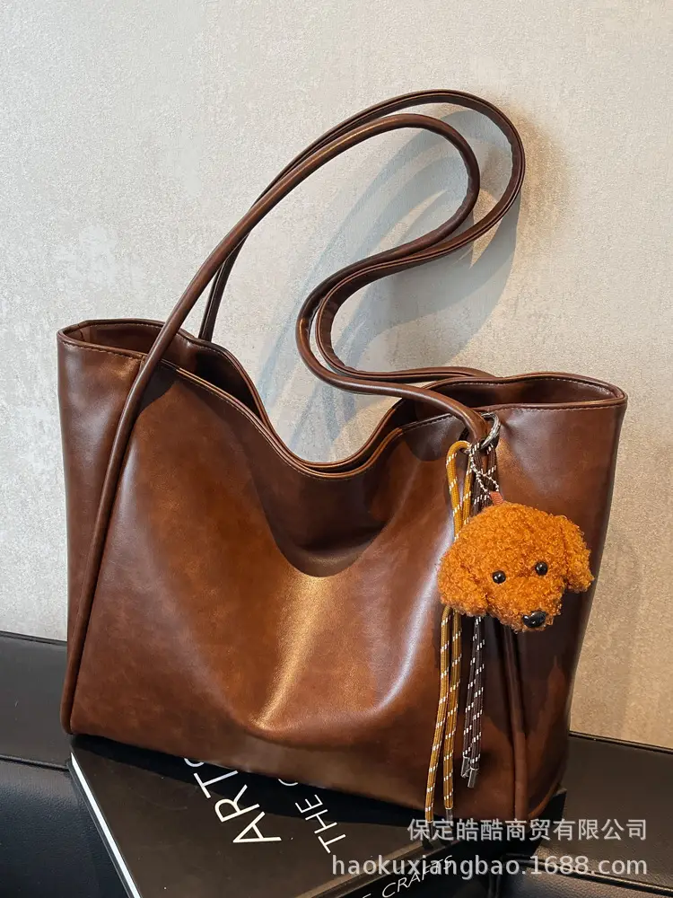Women's Large Capacity Brown Shoulder Tote Bag with Pom Pom - Image 5