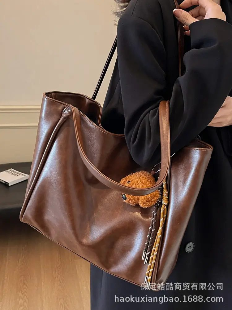 Women's Large Capacity Brown Shoulder Tote Bag with Pom Pom - Image 6