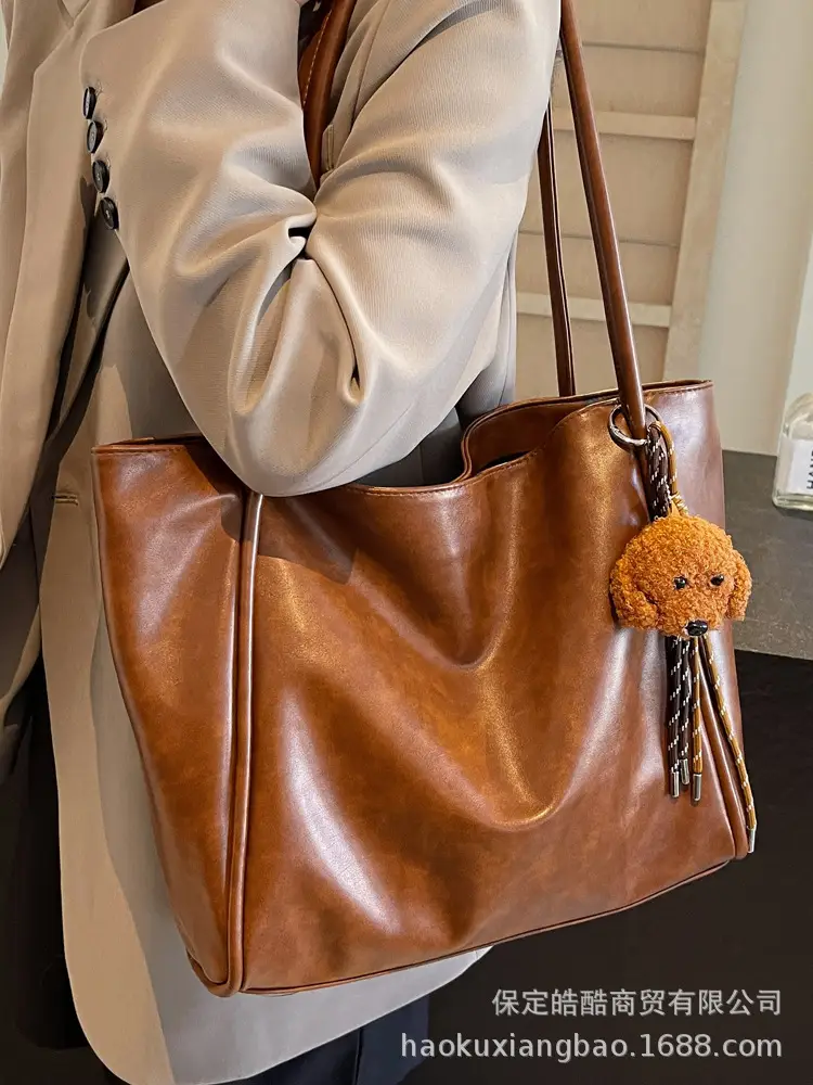 Women's Large Capacity Brown Shoulder Tote Bag with Pom Pom - Image 7