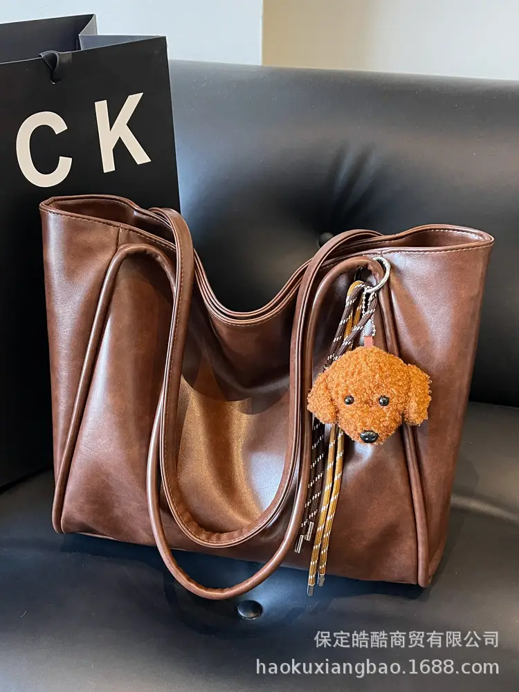 Women's Large Capacity Brown Shoulder Tote Bag with Pom Pom - Image 8