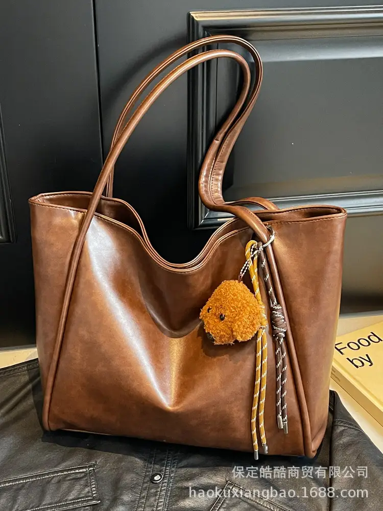 Women's Large Capacity Brown Shoulder Tote Bag with Pom Pom - Image 9