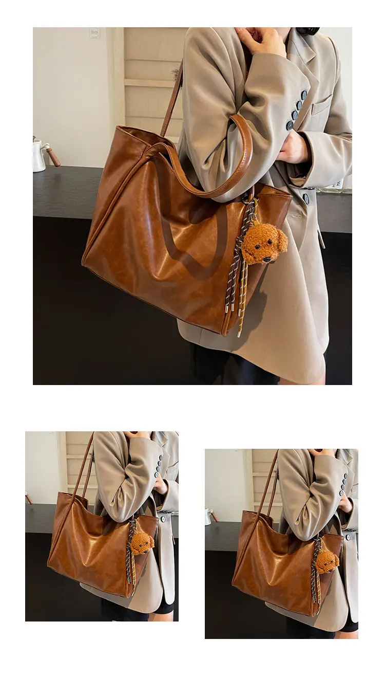 Women's Large Capacity Brown Shoulder Tote Bag with Pom Pom — feature 10