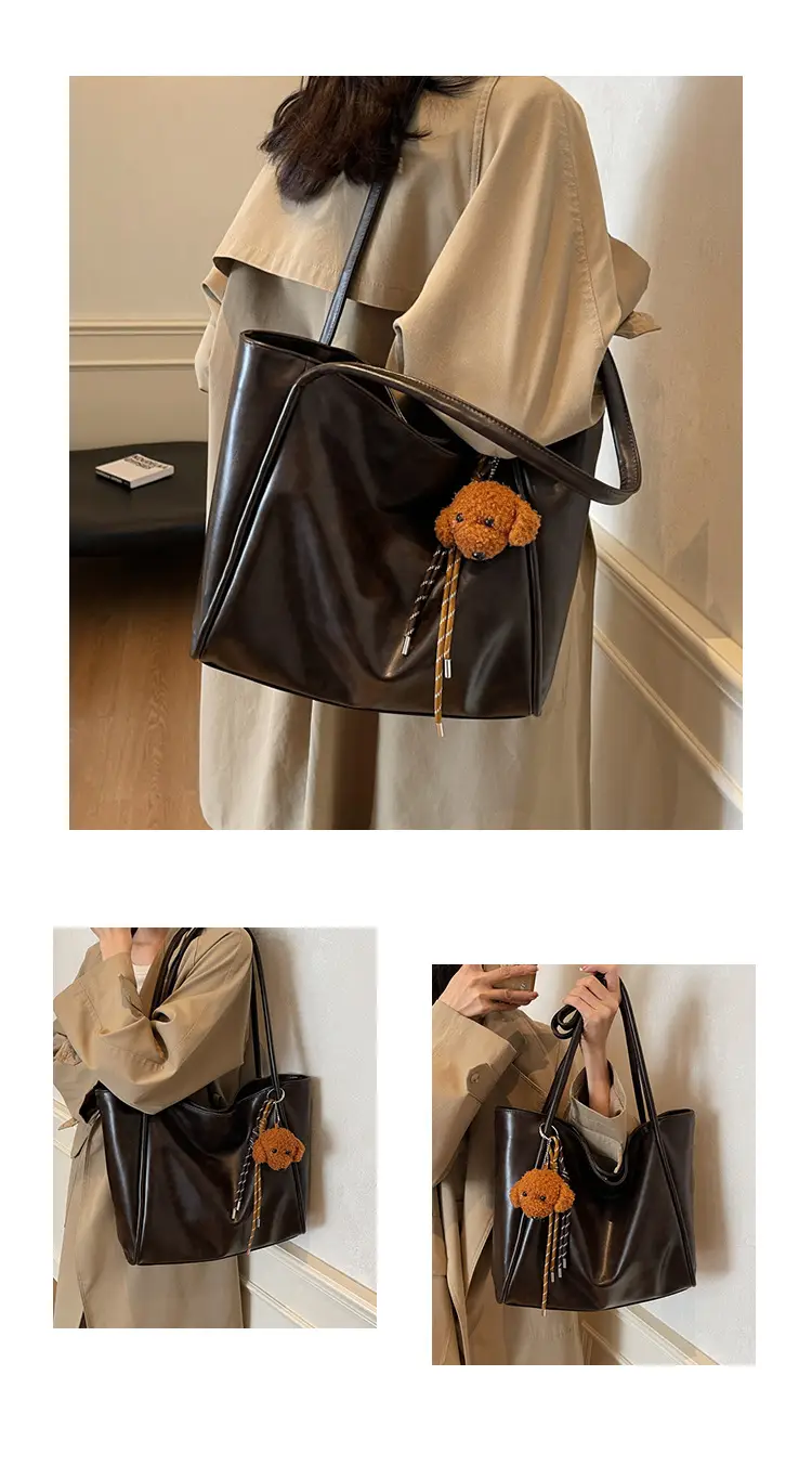 Women's Large Capacity Brown Shoulder Tote Bag with Pom Pom — feature 12