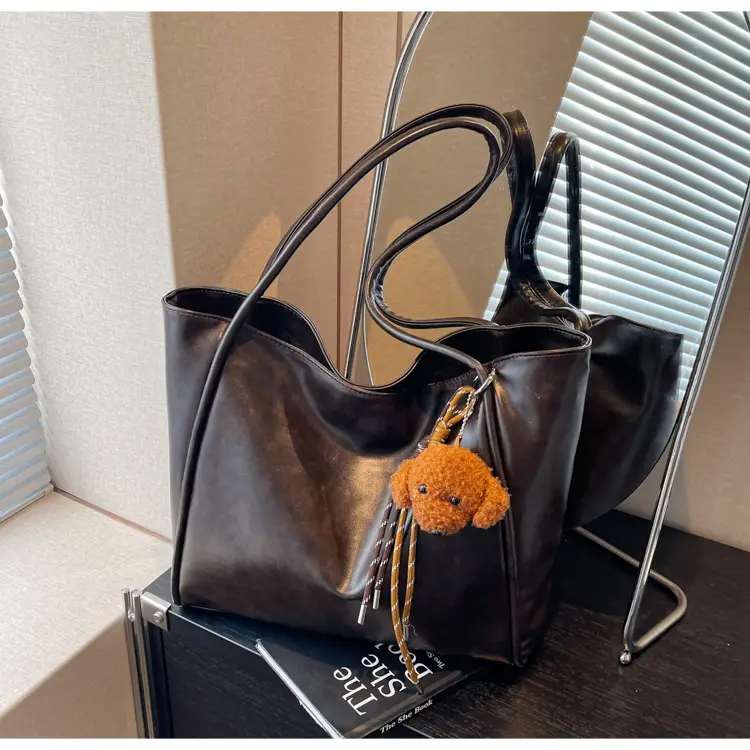 Women's Large Capacity Brown Shoulder Tote Bag with Pom Pom — feature 14