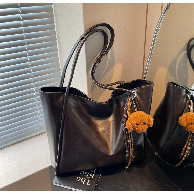 Women's Large Capacity Brown Shoulder Tote Bag with Pom Pom — feature 15