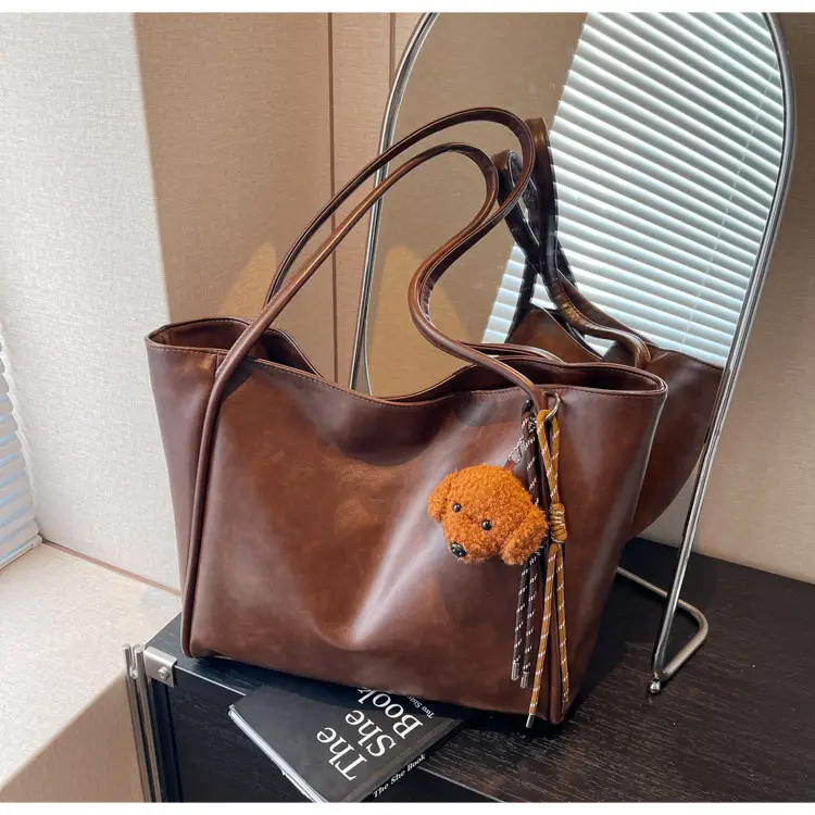 Women's Large Capacity Brown Shoulder Tote Bag with Pom Pom — feature 16