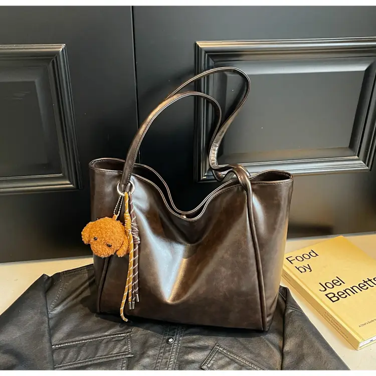 Women's Large Capacity Brown Shoulder Tote Bag with Pom Pom — feature 17