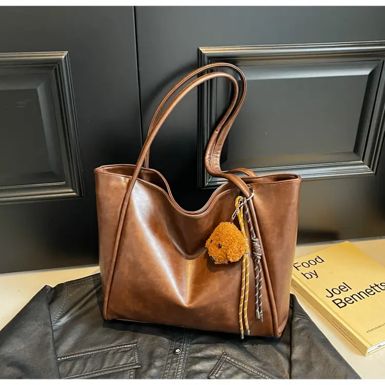 Women's Large Capacity Brown Shoulder Tote Bag with Pom Pom — feature 18