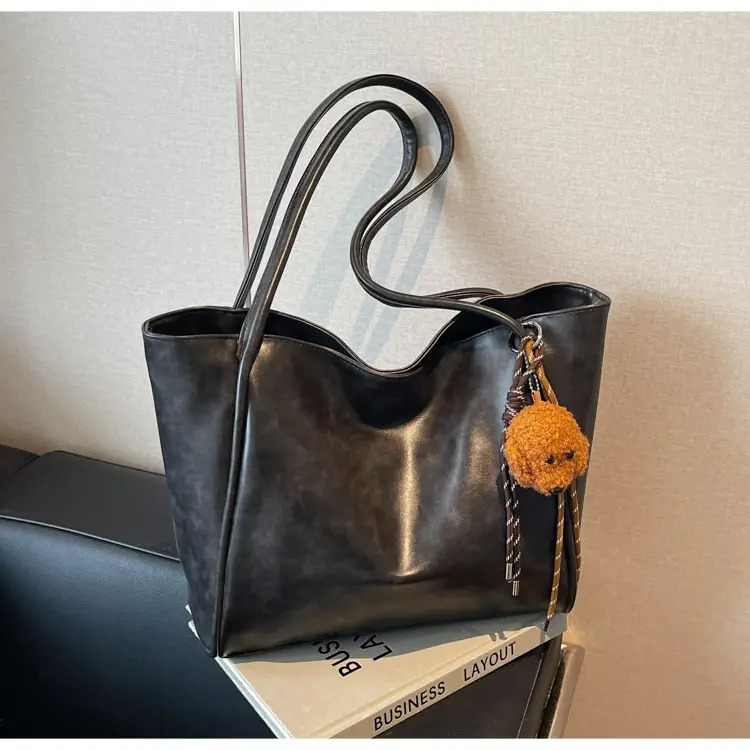 Women's Large Capacity Brown Shoulder Tote Bag with Pom Pom — feature 19