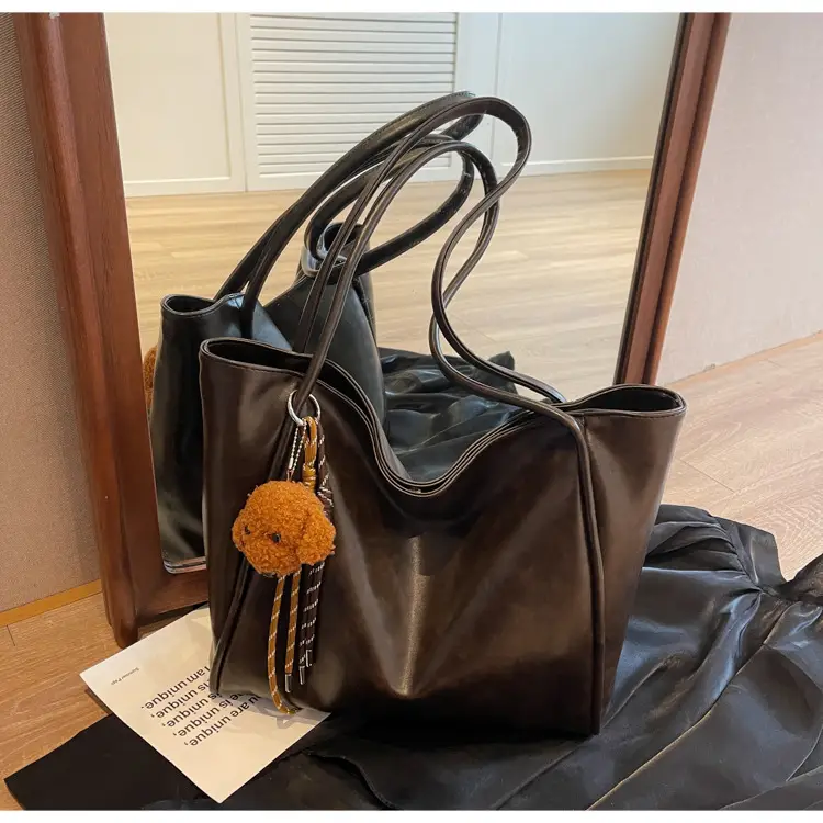 Women's Large Capacity Brown Shoulder Tote Bag with Pom Pom — feature 20