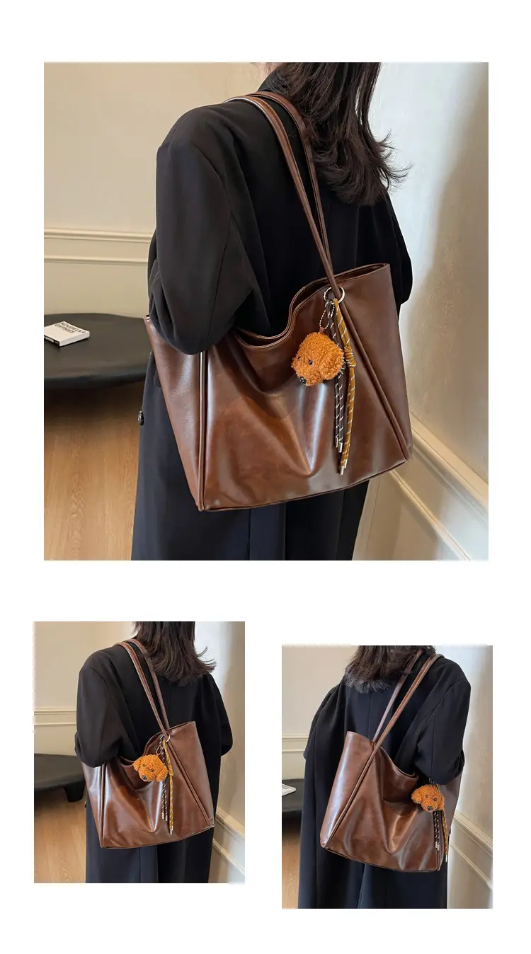 Women's Large Capacity Brown Shoulder Tote Bag with Pom Pom — feature 9