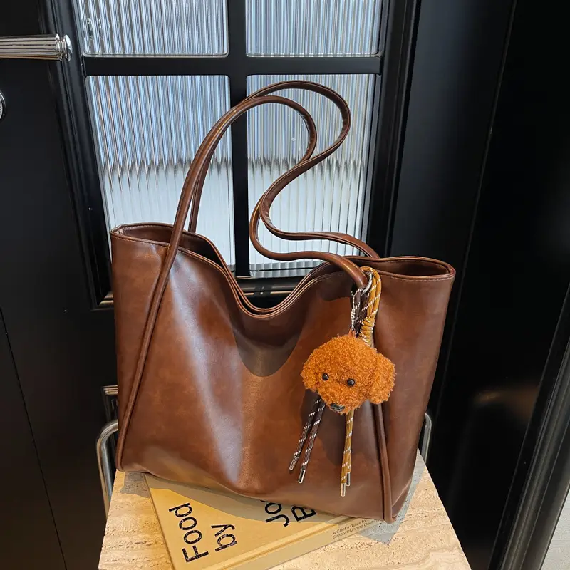Women's Large Capacity Brown Shoulder Tote Bag with Pom Pom - Image 2