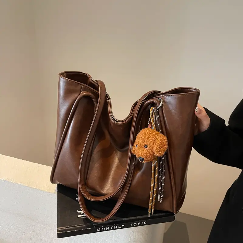 Women's Large Capacity Brown Shoulder Tote Bag with Pom Pom - Image 3