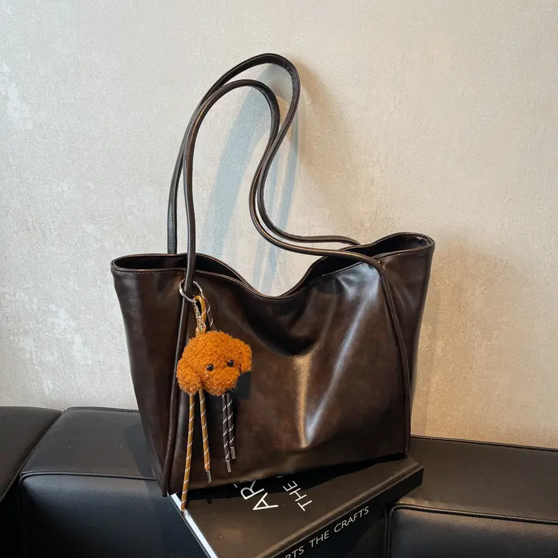 Women's Large Capacity Brown Shoulder Tote Bag with Pom Pom - Image 4