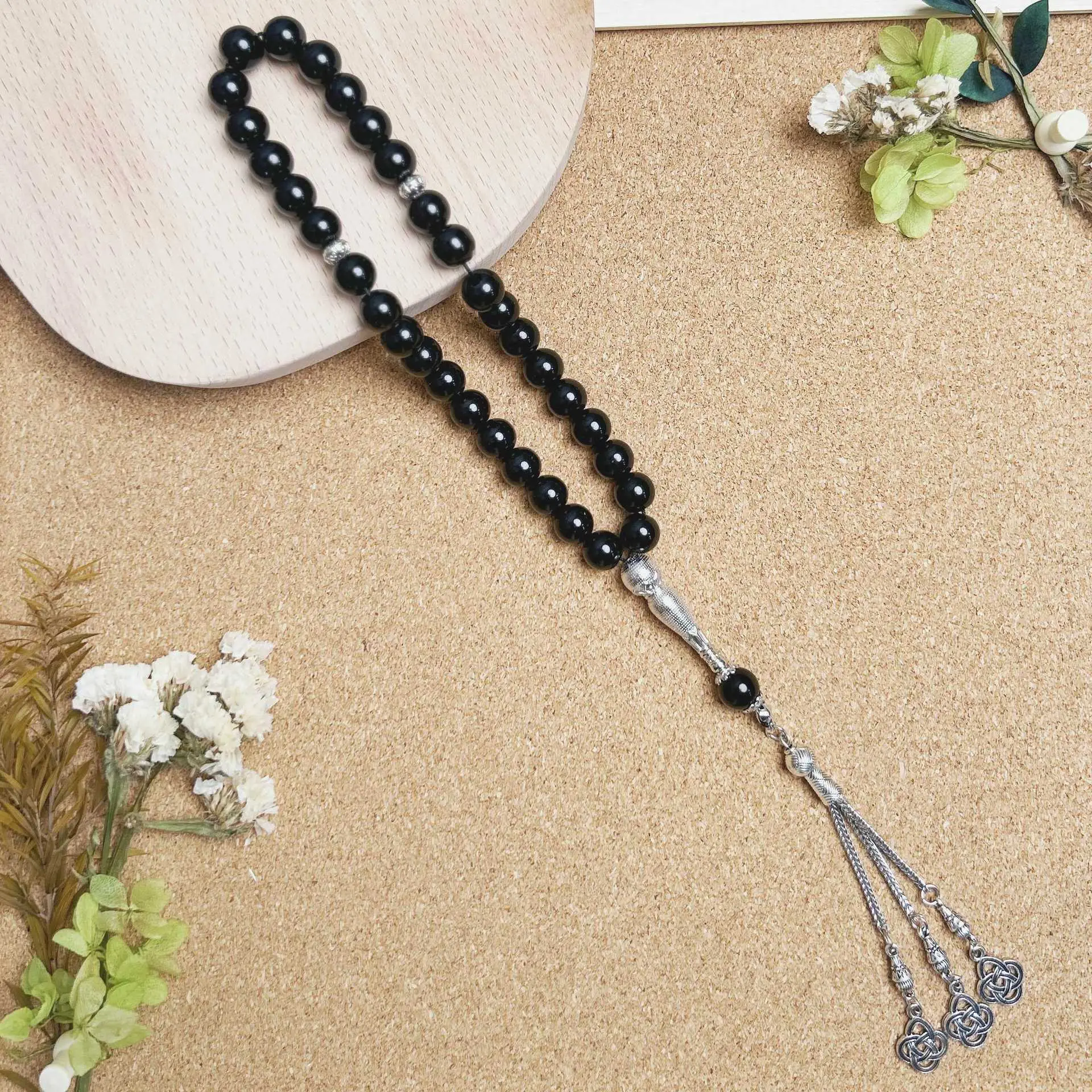 33 Pcs Porcelain Glass Obsidian Dark Blue Sea Rosary Bracelet - Image 9
