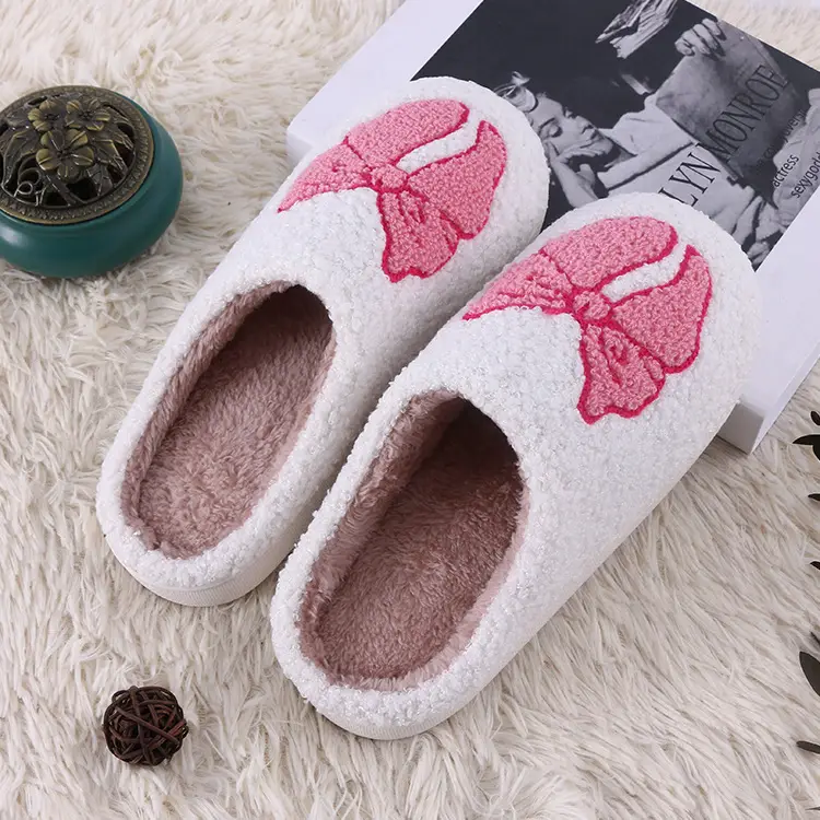 Autumn and Winter Pink Bow Cotton Slippers Household Mao Mao Slippers Women's Couple Warm Slippers Thickened Slippers