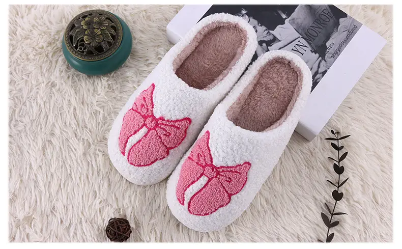 Autumn and Winter Pink Bow Cotton Slippers Household Mao Mao Slippers Women's Couple Warm Slippers Thickened Slippers — feature 7