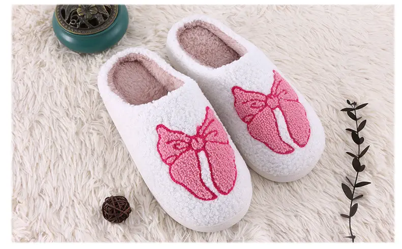 Autumn and Winter Pink Bow Cotton Slippers Household Mao Mao Slippers Women's Couple Warm Slippers Thickened Slippers — feature 8