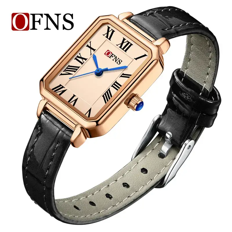 O'FNS Women's French Style Square Quartz Watch Brown Leather Band - Image 2