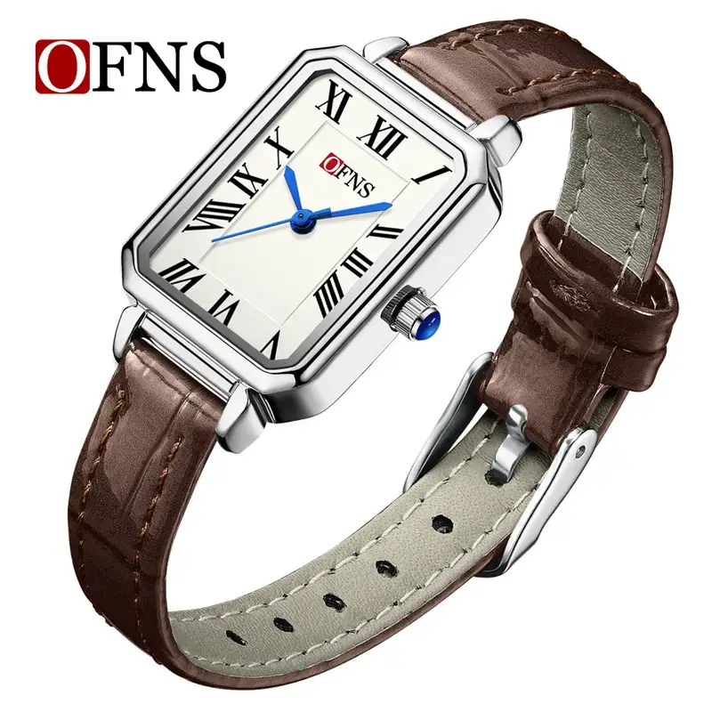 O'FNS Women's French Style Square Quartz Watch Brown Leather Band - Image 4