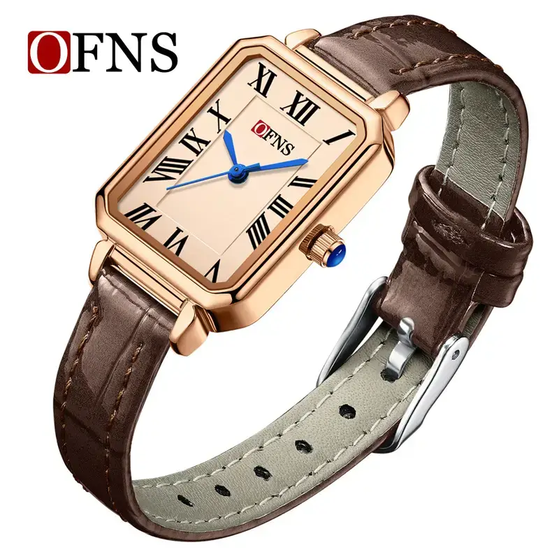 O'FNS Women's French Style Square Quartz Watch Brown Leather Band - Image 5
