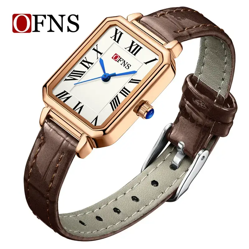 O'FNS Women's French Style Square Quartz Watch Brown Leather Band - Image 6